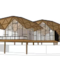 Modern Architectural Building With Wooden Structure Large Glass Windows And Sloped Gabled Roofs