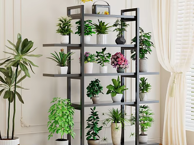Indoor Multi Tier Plant Stand With Various Green Plants 3d model