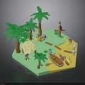 Tropical Island Scene With Palm Trees Sandy Beach Rowboat Umbrella And Lighthouse