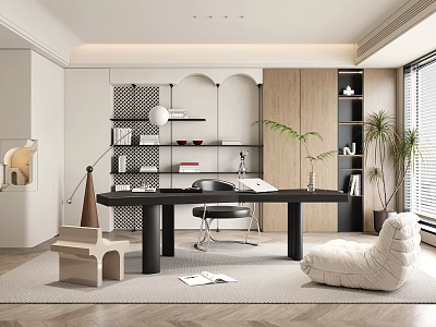 Modern Study Room Interior With Large Black Desk Chair Herringbone Rug And Plants 3d model