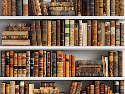 Vintage Books Collection On Wooden Shelves With Colorful Bindings And Stacked Volumes 3d model