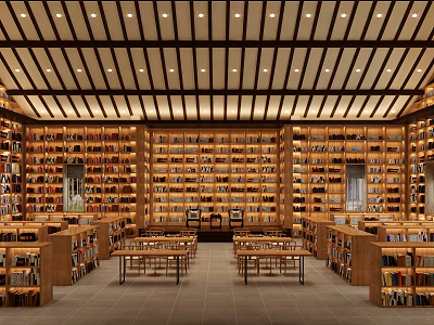 Detailed Book Art Library Interior Design With Wooden Bookshelves And Warm Lighting Elements 3d model