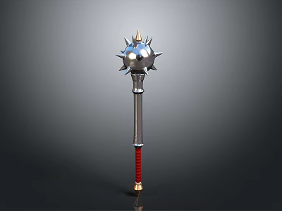 Spiked Mace Weapon 3D Model Featuring Silver Spiked Head Red Wrapped Handle And Golden Base 3d model