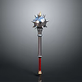 Spiked Mace Weapon 3D Model Featuring Silver Spiked Head Red Wrapped Handle And Golden Base
