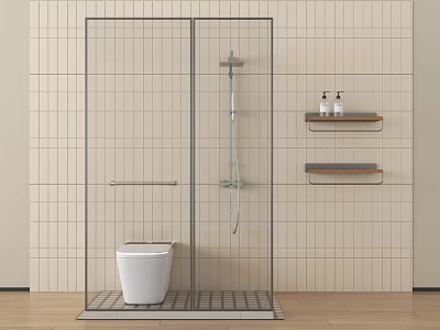 Shower Head In Modern Shower Room With Glass Enclosure Light Tile Walls Toilet And Shelf 3d model