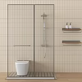 Shower Head In Modern Shower Room With Glass Enclosure Light Tile Walls Toilet And Shelf