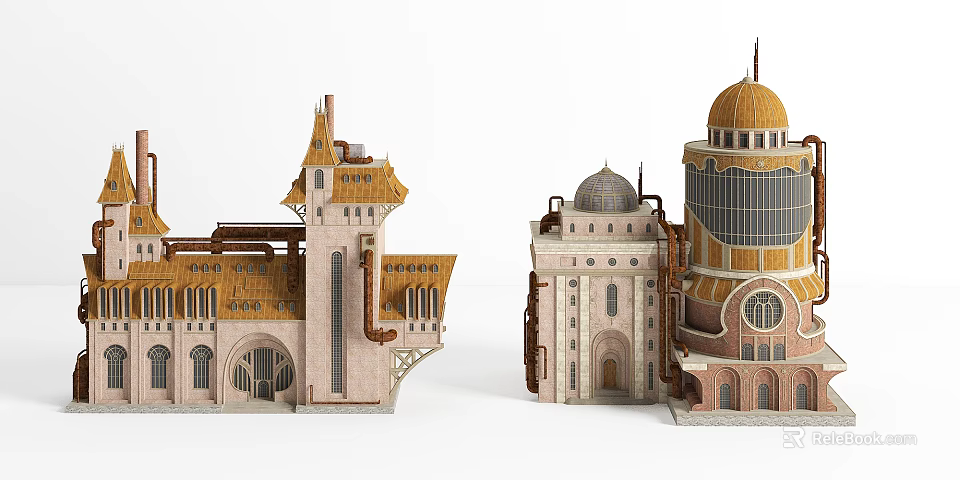 European Architecture Models With Spires Domes Arched Windows And Yellow Roofs 3d model 