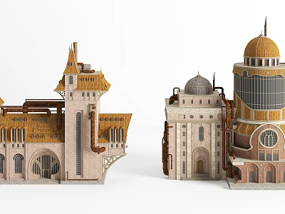 European Architecture Models With Spires Domes Arched Windows And Yellow Roofs 3d model