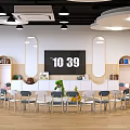 Kindergarten Classroom Interior With Round Lights Wooden Tables Shelves Digital Clock And Colorful Decor