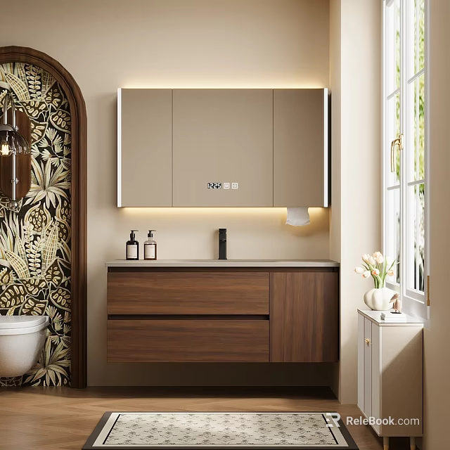 Modern Bathroom Vanity With Wooden Cabinet Mirror Lighting Countertop And Sink 3d model 