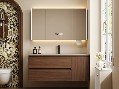 Modern Bathroom Vanity With Wooden Cabinet Mirror Lighting Countertop And Sink 3d model