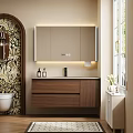 Modern Bathroom Vanity With Wooden Cabinet Mirror Lighting Countertop And Sink