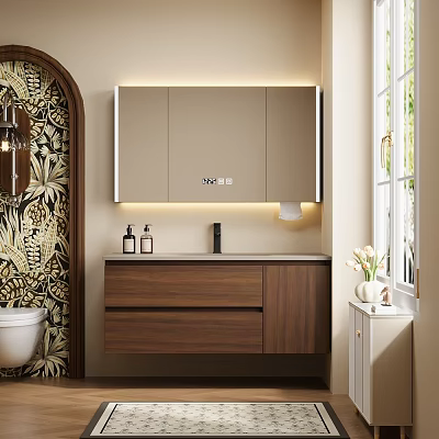 Modern Bathroom Vanity With Wooden Cabinet Mirror Lighting Countertop And Sink 3d model