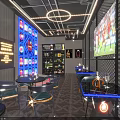 Modern Stylish Lounge Bar Interior With Neon Lights TV Sports Screen Wine Racks And Seating