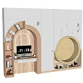 Modern White And Wooden Bookcase With Circular Cutouts Open Compartments Desk Area And Decorative Displays