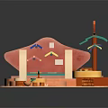 Cartoon Playground Scene with Pink Slide Green Roof Pavilion Yellow Table and Colorful Mat