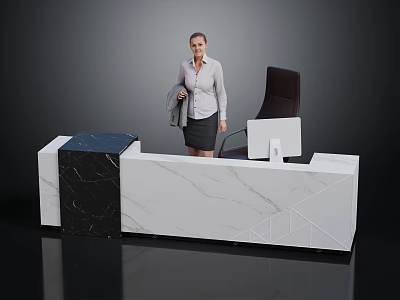 Modern Reception Desk With Marble Countertop Geometric Design And Office Chair Computer Monitor 3d model