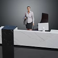 Modern Reception Desk With Marble Countertop Geometric Design And Office Chair Computer Monitor