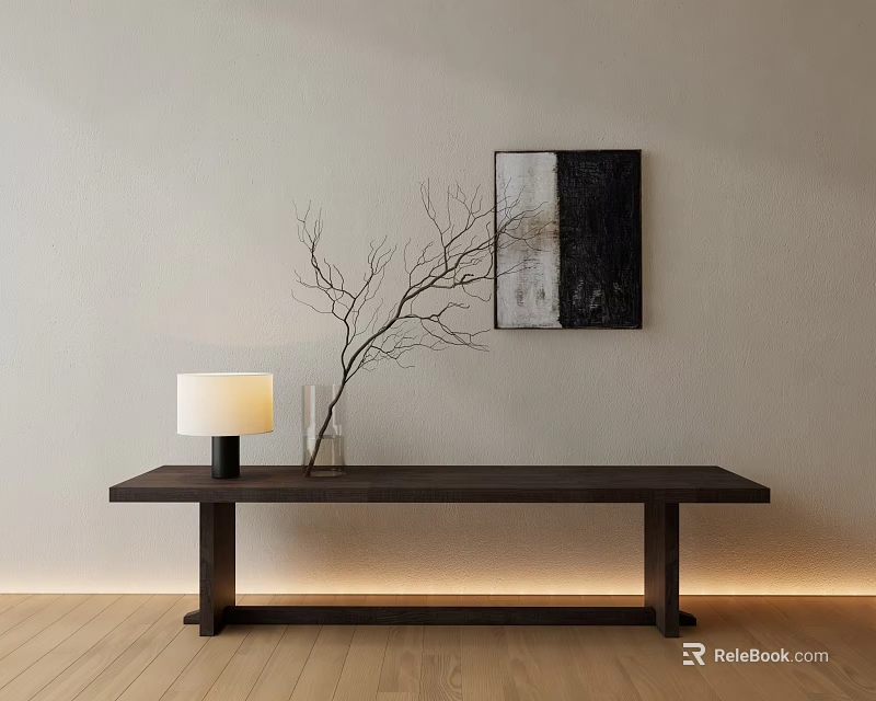 Dark Wooden Bench With Table Lamp Vase Branches And Black White Painting On Light Wall 3d model 