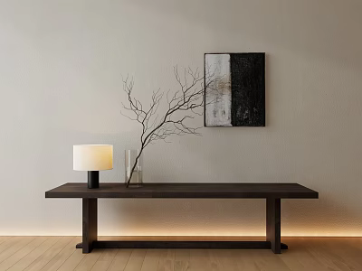 Dark Wooden Bench With Table Lamp Vase Branches And Black White Painting On Light Wall 3d model