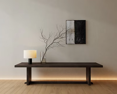 Dark Wooden Bench With Table Lamp Vase Branches And Black White Painting On Light Wall 3d model
