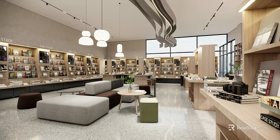 Modern Book Art Interior Design With Reading Area Bookshelves Sofa And Large Windows 3d model 