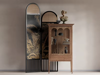 Wooden Decorative Cabinet With Glass Doors Tiered Shelves Sculpture And Patterned Screens 3d model