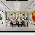 Elegant Modern Dining Room Interior With Wooden Table White Chairs Bookshelves And Decorative Painting