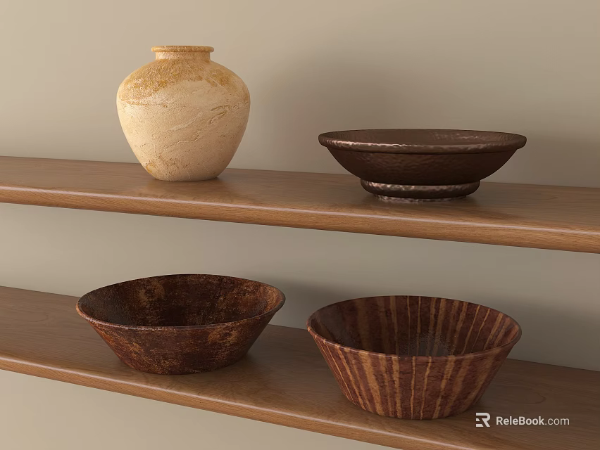Ceramic Vessels Display with Light Beige Vase and Dark Brown Striped Bowls on Wooden Shelves 3d model 