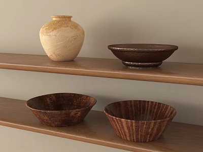 Ceramic Vessels Display with Light Beige Vase and Dark Brown Striped Bowls on Wooden Shelves 3d model