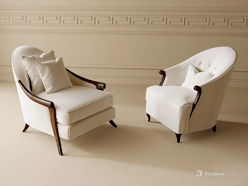 White Lounge Chairs Featuring Wooden Arms Button Tufted Backs and Ornate Wall Molding 3d model 