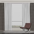 Brown Thick and White Sheer Curtains with Blinds in Modern Room with Red Leather Armchair