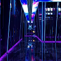 Modern KTV Corridor With Purple Blue Lighting Mirror Walls And Reflective Floor
