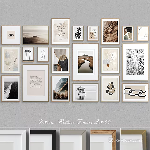 Stylish Gallery Picture Frames Set Featuring Various Art Prints For Wall Decor 3d model 