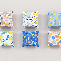 Assorted Decorative Cushions Featuring Floral Leaf Patterns In Blue Yellow Pink Tones 3d model