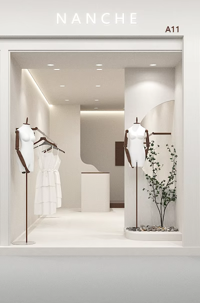 Minimalist Modern Clothing Store Mannequins In White Dresses Wooden Hangers Soft Lighting And Green Plant 3d model
