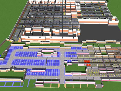 Large Structured Parking Lot Design With Multiple Sections And Surrounding Facilities 3d model