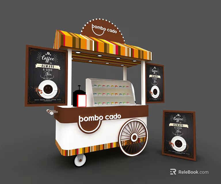 Functional Food Cart With Colorful Striped Awning Chalkboard Menus And Ice Cream 3d model 