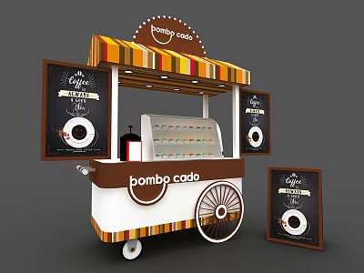 Functional Food Cart With Colorful Striped Awning Chalkboard Menus And Ice Cream 3d model