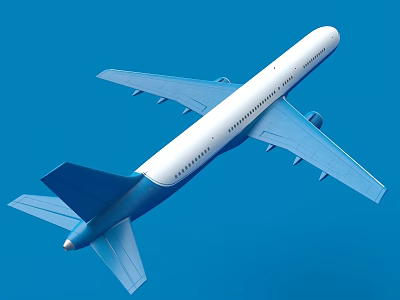 Passenger Airplane With White And Blue Exterior In Flight On Blue Background 3d model