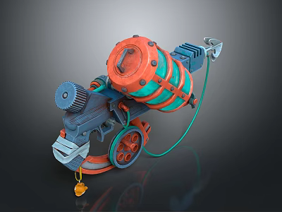 Steampunk Mechanical Weapon With Orange Teal Barrel Wheels Gears And Pipes 3d model