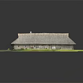 Traditional Wooden House Exterior With Thatched Roof And Green Grass Lawn