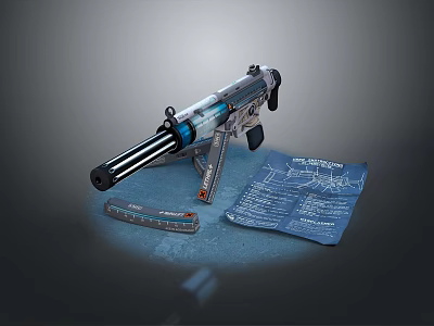 Futuristic Sci Fi Weapon Design With Blueprints And Ammunition Clip 3d model