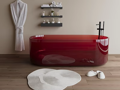 Modern Red Bathtub in Bathroom with Hanging Bathrobe Shelf Mat and Slippers 3d model