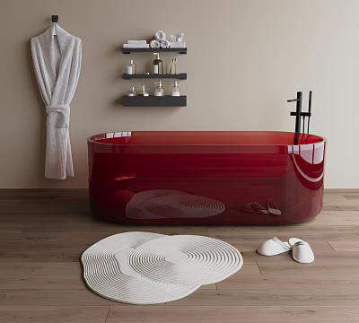 Modern Red Bathtub in Bathroom with Hanging Bathrobe Shelf Mat and Slippers 3d model