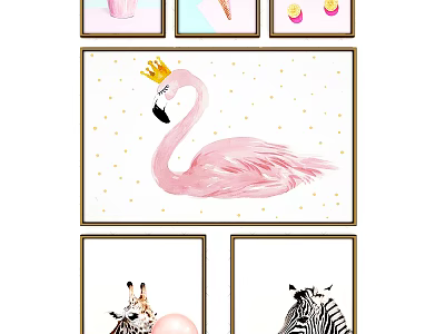 Cute Animal Paintings Featuring Pink Flamingo With Crown Giraffe And Zebra Art 3d model