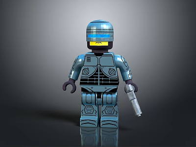 Lego Style Blue Robot Character Holding Gun With Glowing Visor And Armor As Mechanical Creature 3d model