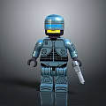 Lego Style Blue Robot Character Holding Gun With Glowing Visor And Armor As Mechanical Creature