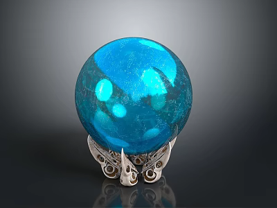 Shiny Blue Glass Sphere Decorative Art Piece With Intricate Silver Base Stand 3d model