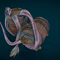 Cartoon Scene With Wooden Barrels And Purple Curled Tentacles Creature